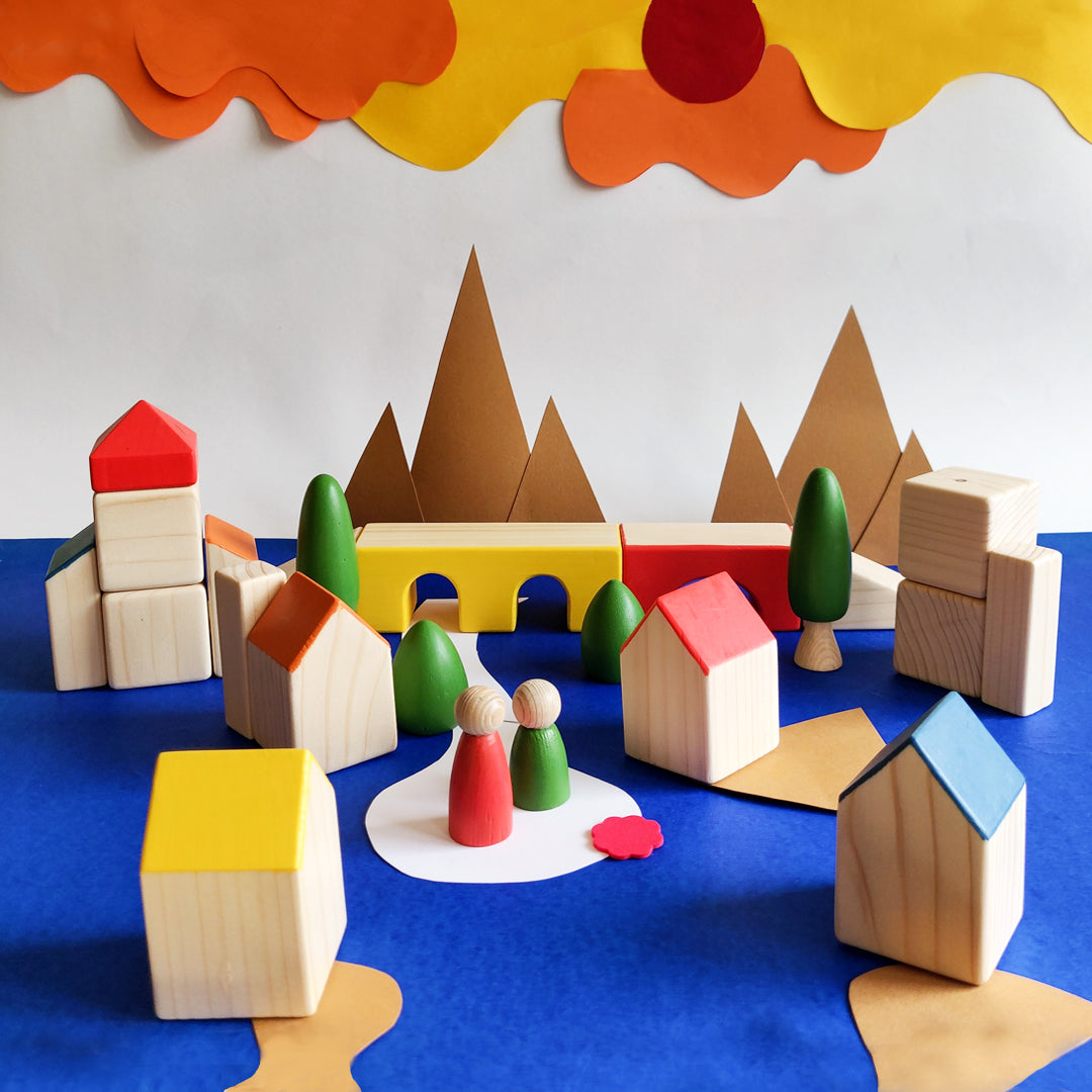 TOWN BLOCKS I 23 pc wooden block set I best for open ended play & educational play I 2 years+